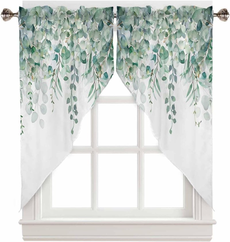 TweetyBed Swag Curtain Valances Sage Green Eucalyptus Short Swag Topper for Small Windows Watercolor Leaves Window Curtain Tiers for Kitchen Bedroom Living Room 56" W x 36" L - Image 1